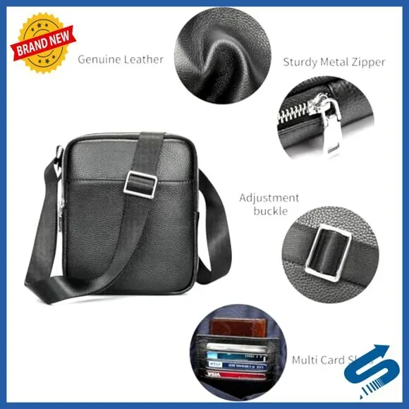 Genuine Leather Small Messenger Bag with Multiple Zipper Pockets